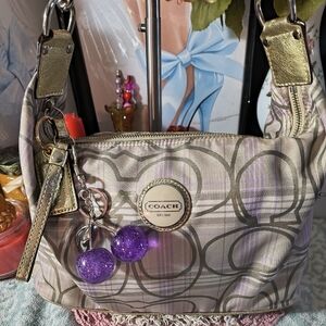 Coach Signatur Stripe Plaid Hobo Metallic Gold Accents Purple Cherry Charm